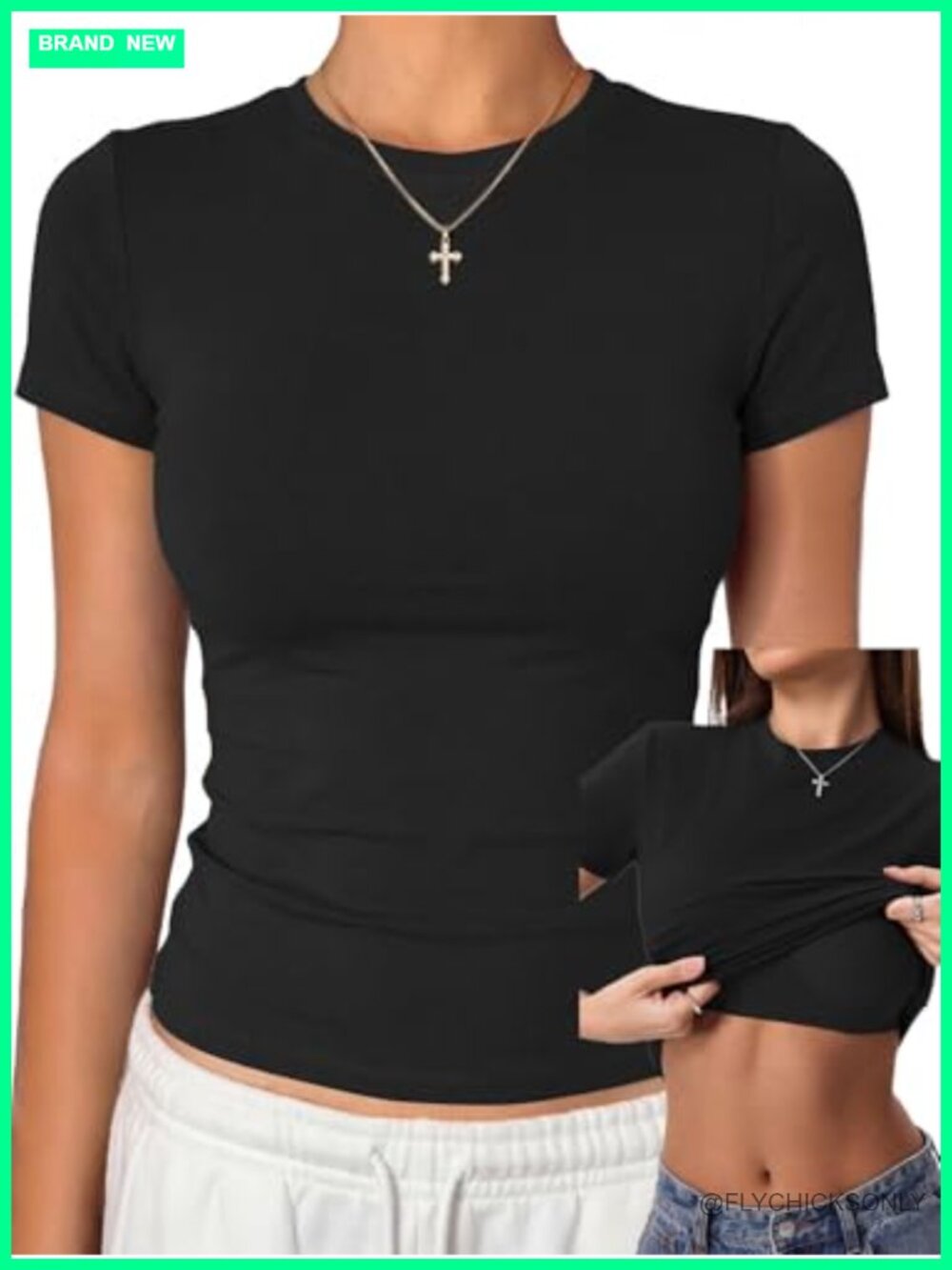 Womens Fitted Crop T-Shirt with Built-in Bra Short Sleeve Crew Neck Top